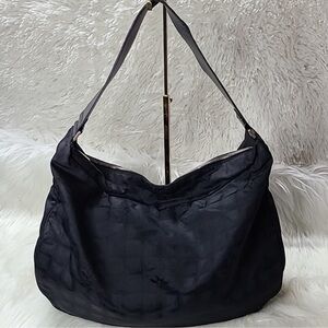 CHANEL black large CC monogram shoulder hobo nylon leather strap handbag